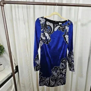 Cache Womens Size 4 Blue and Black Floral Print Long Sleeve Mini Dress